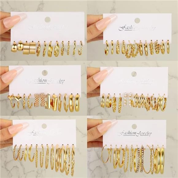 36 Pairs Gold Hoop Earrings Set Women Girls Multipack Hypoallergenic Chunky - Picture 2 of 7